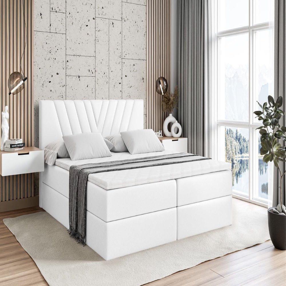 ALTDECOR ERNINA Box Spring Bed with H4 Mattress, 180 x 200 cm, White