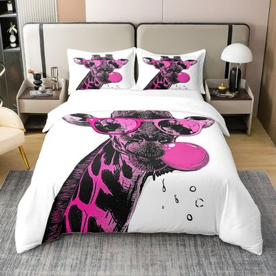 Loussiesd Giraffe 100% Cotton Safari Duvet Cover Set 200 x 200 cm, Pink and White Wild Animal Bedding for Kids