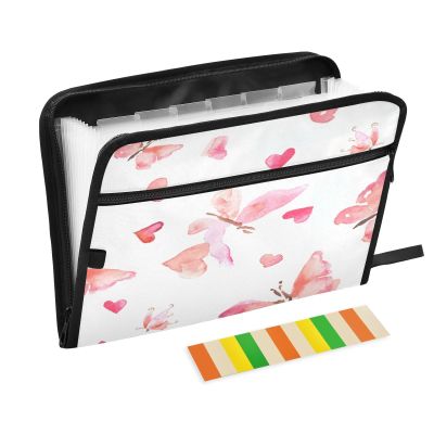 Accordion File Folder with 13 Compartments, A4, Butterflies with Hearts, Zippered, Pink