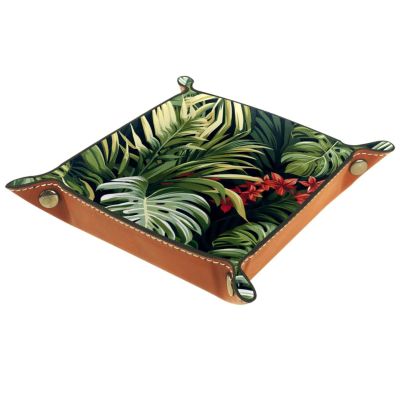 Spring Tropical Plants Folding Thick PU Leather Dice Tray and Catchall Organizer
