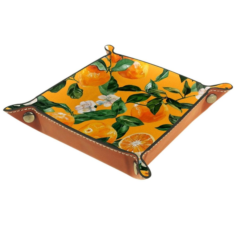 Orange Wild Mandarin Thick PU Leather Valet Tray, Foldable Catchall Organizer for Jewelry, Keys & More