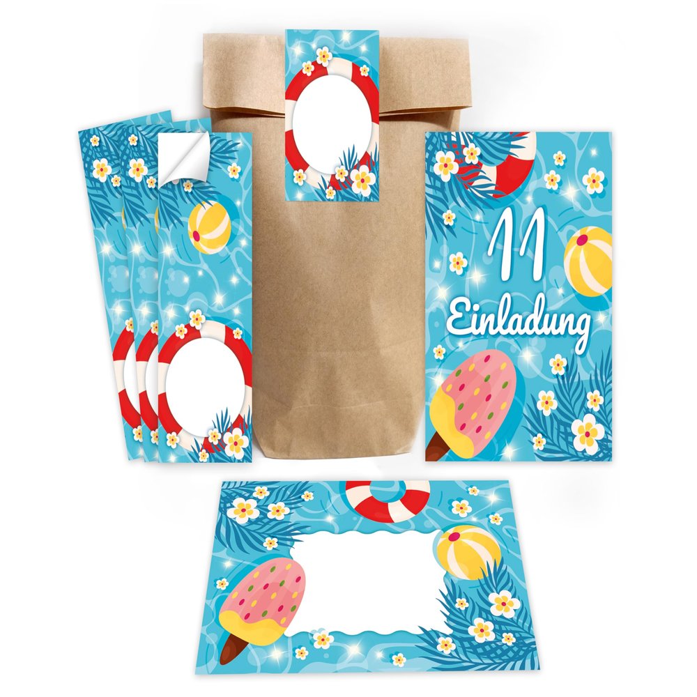 Minkocards 12 Swimming Pool Invitations for an 11th Birthday Party, with Envelopes, Party Bags and Stickers