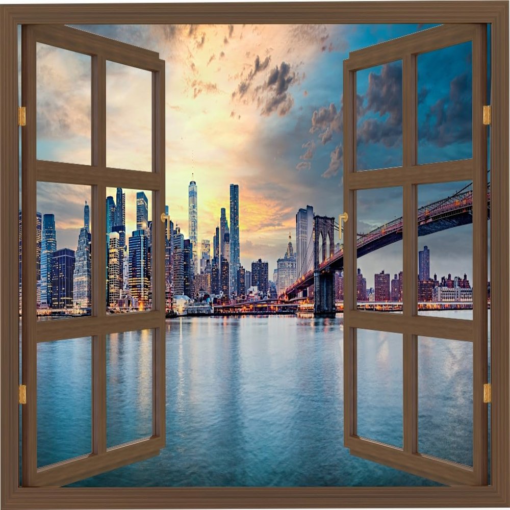 HUBDECO 3D Santorini Sea Window Wall Decal, Self-Adhesive Wallpaper, 90 x 60 cm