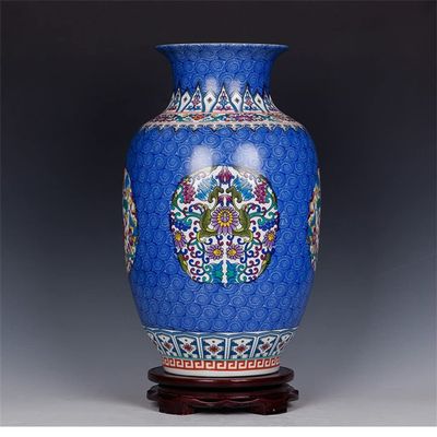 ASerZenith Chinese-Style Antique Blue Ceramic Flower Vase, Palace Enamel Porcelain Vase for New Year Gifts