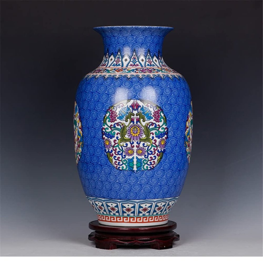 ASerZenith Chinese-Style Antique Blue Ceramic Flower Vase, Palace Enamel Porcelain Vase for New Year Gifts