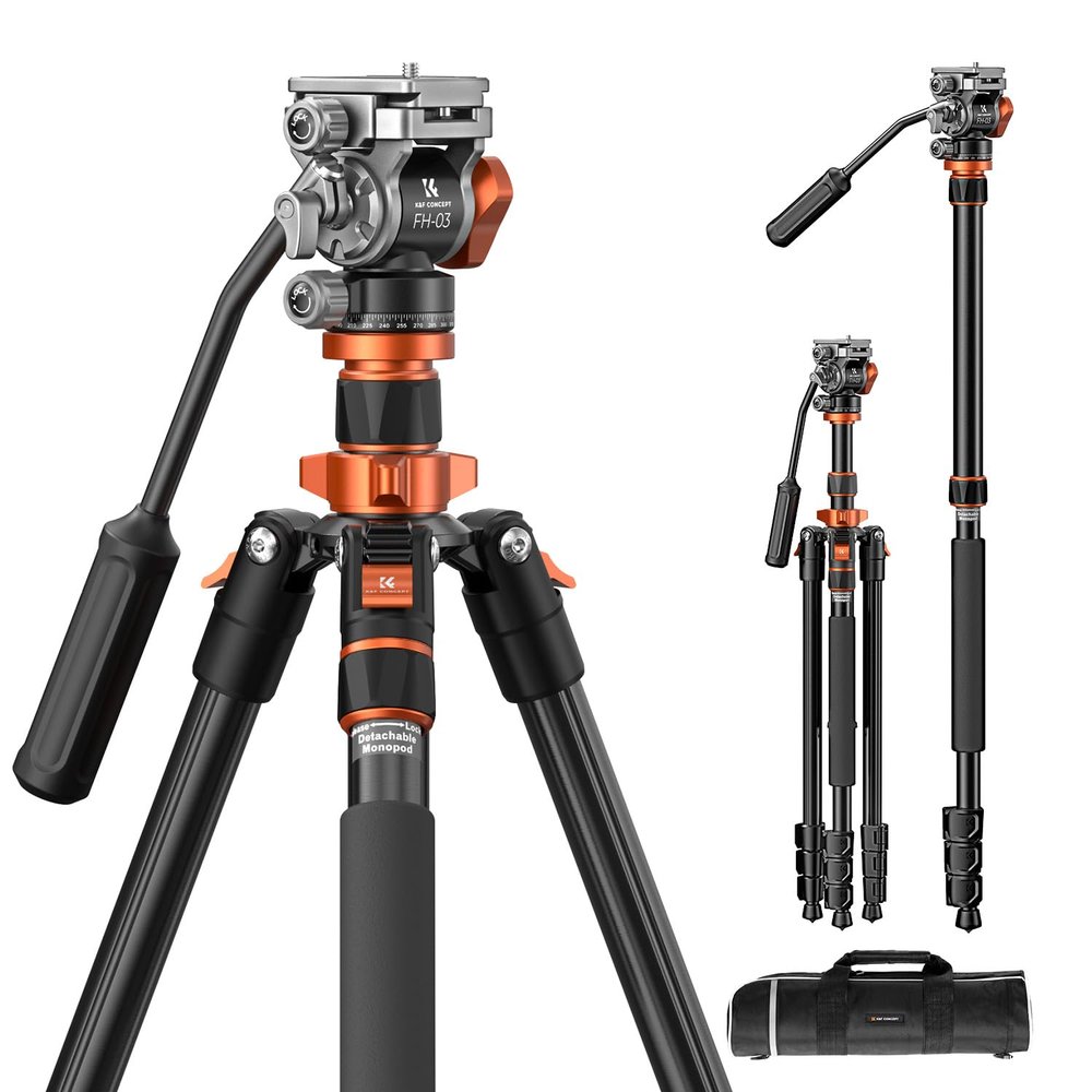 K&F CONCEPT Black and Orange Video Tripod with Fluid Head, 200 cm