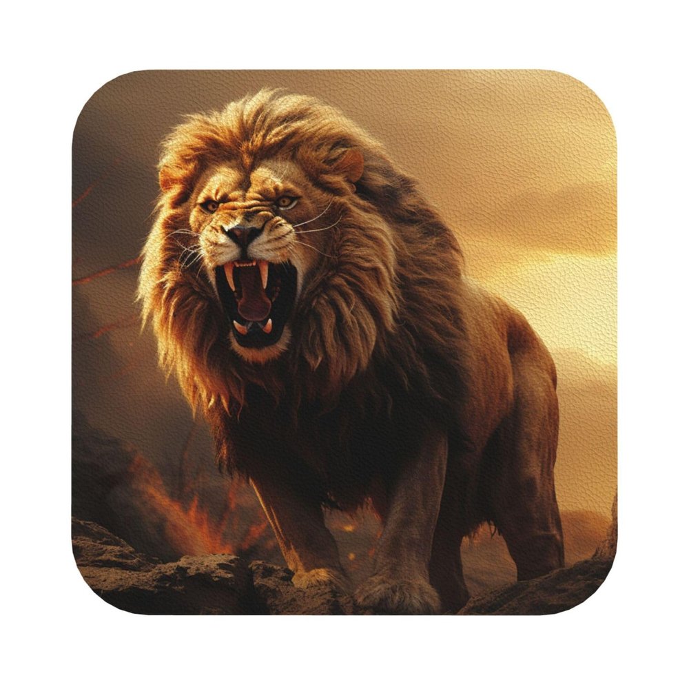 Leather Drink Coasters, Angry Roaring Lion, 6-Piece Set