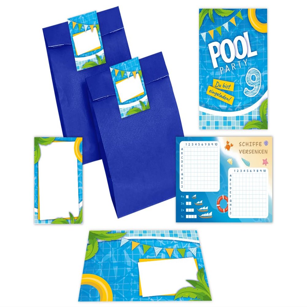 6 Pool Party Invitations for a 9th Birthday – Envelopes, Blue Party Bags, Stickers, Notepads and Battleship Games