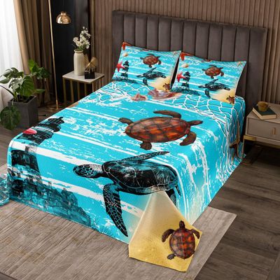 feelingyou Sea Beach Large Bedspread, Blue Ocean Turtle and Starfish Quilt Set with 2 Pillowcases, Lighthouse Sketch Rustic Farm Board Microfiber Coverlet Set for Kids, Breathable