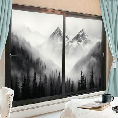 AEMYSKA Vintage Mountain Forest Window Film, Misty Forest Landscape, Modern Stained Glass Style, Sun Blocking and Heat Control, No Adhesive, for Home and Office