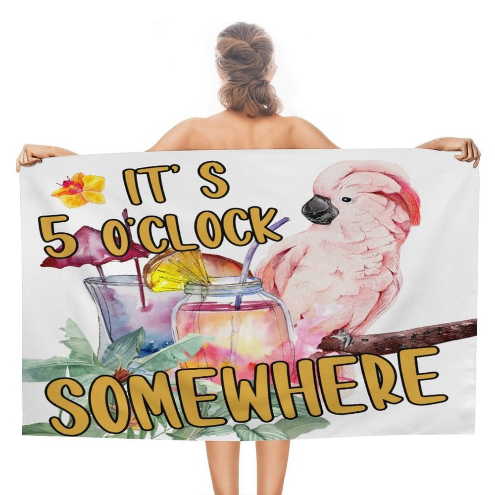 CustonCares It's Five O'Clock Somewhere Beach Towel 78.9 x 130.9 cm, Pre-Washed, Colorfast, No Shrinkage, Tropical Flamingo, Hawaii, Aloha