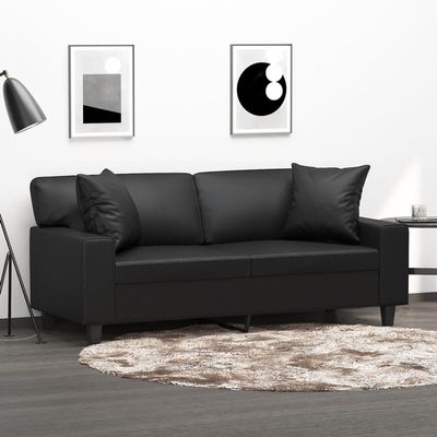 Mengtu 2-Seater Sofa with Throw Pillows, Faux Leather, Black, 140 cm