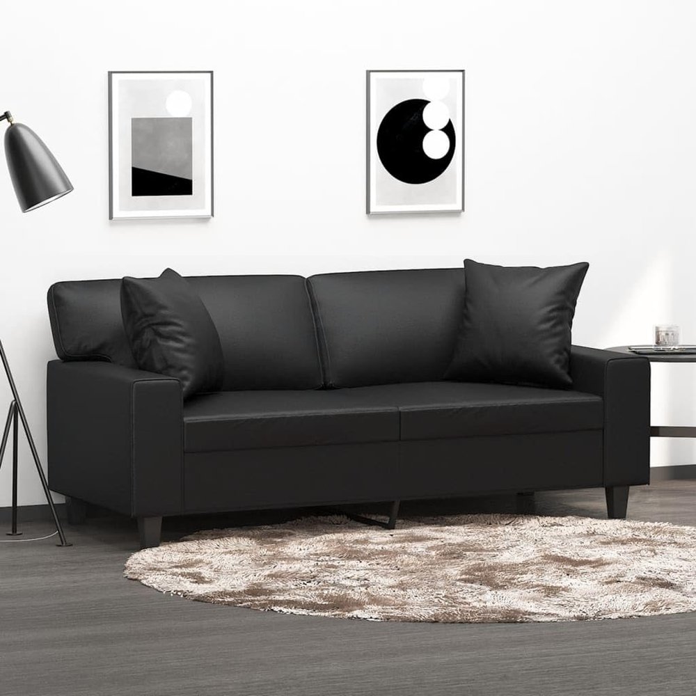 Mengtu 2-Seater Sofa with Throw Pillows, Faux Leather, Black, 140 cm