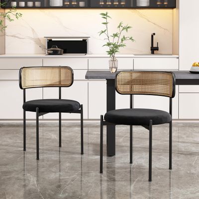 Merax Dining Chairs, Set of 2, Black Velvet with Rattan Backrests