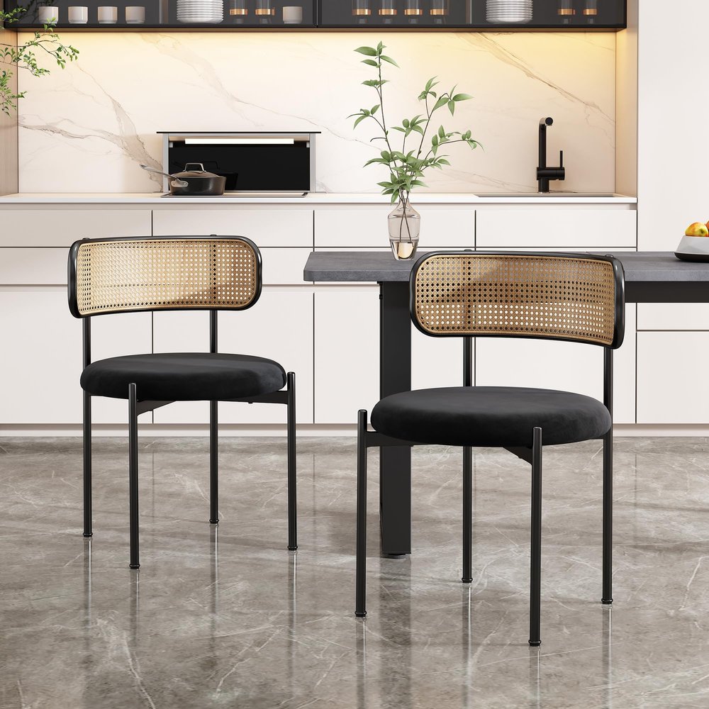 Merax Dining Chairs, Set of 2, Black Velvet with Rattan Backrests