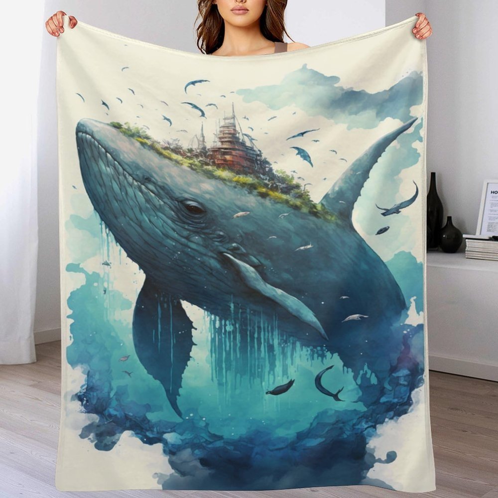PAZZK Whale Flannel Throw Blanket with Pattern, 140 x 180 cm