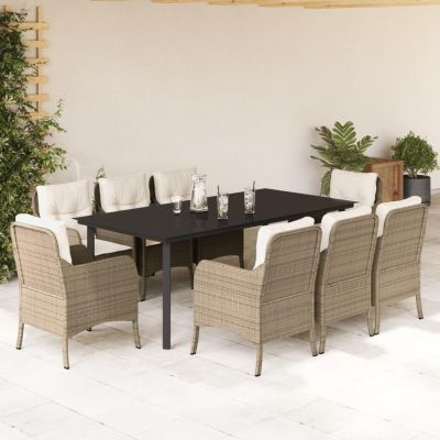 Gecheer 9-Piece Outdoor Dining Set with Cushions, PE Rattan, Black and Beige