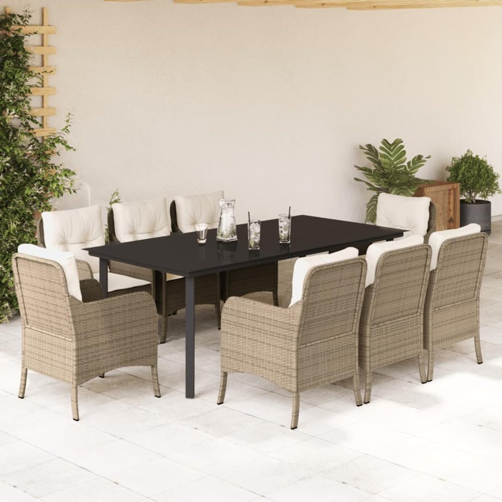 Gecheer 9-Piece Outdoor Dining Set with Cushions, PE Rattan, Black and Beige