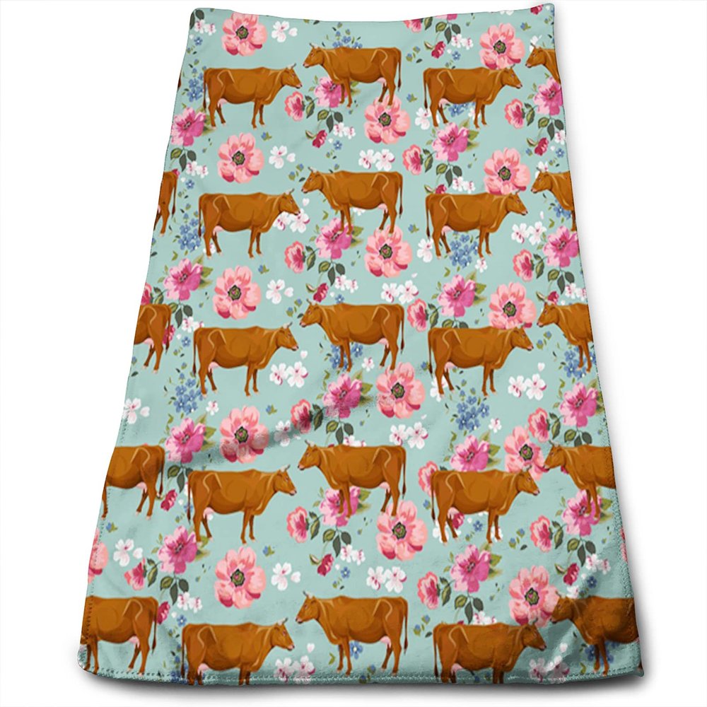 Peiyeety Floral Red Angus Cow Hand Towel, 27.5 x 16 in