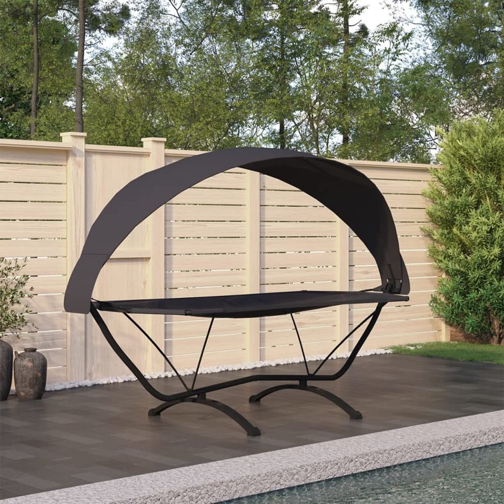 Homgoday Outdoor Lounge Bed with Canopy, Black Steel and Oxford Fabric