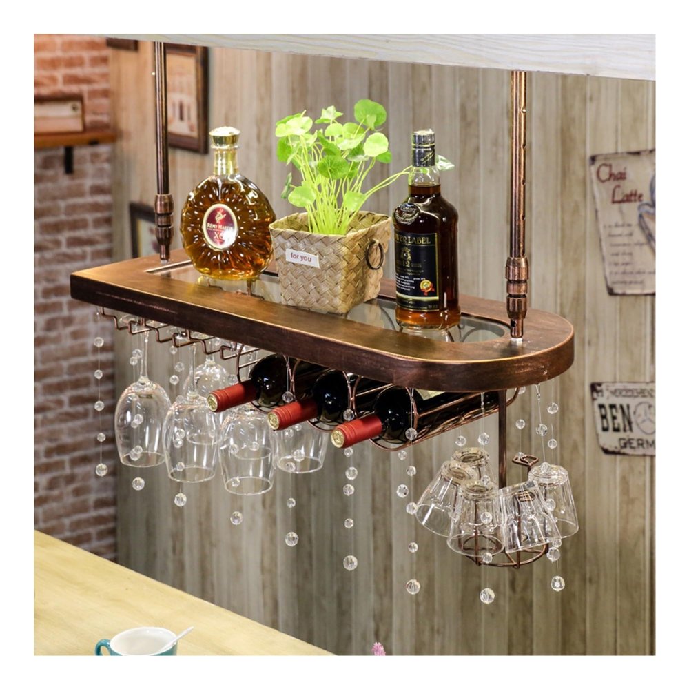 LHQYA Wall-Mounted Floating Wine and Bar Shelf with Hanging Glass Rack