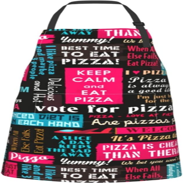 Aqsmulta Apron with "Keep Calm Eat Pizza" Print, Pockets, Waterproof, Black, One Size
