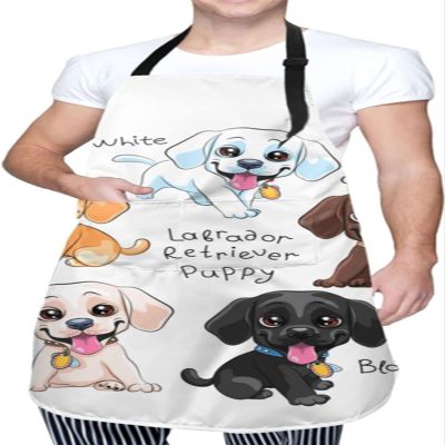 Aqsmulta Cute Labrador Retriever Puppy Apron with Pockets, Waterproof Kitchen Apron for Women and Men, Black, One Size