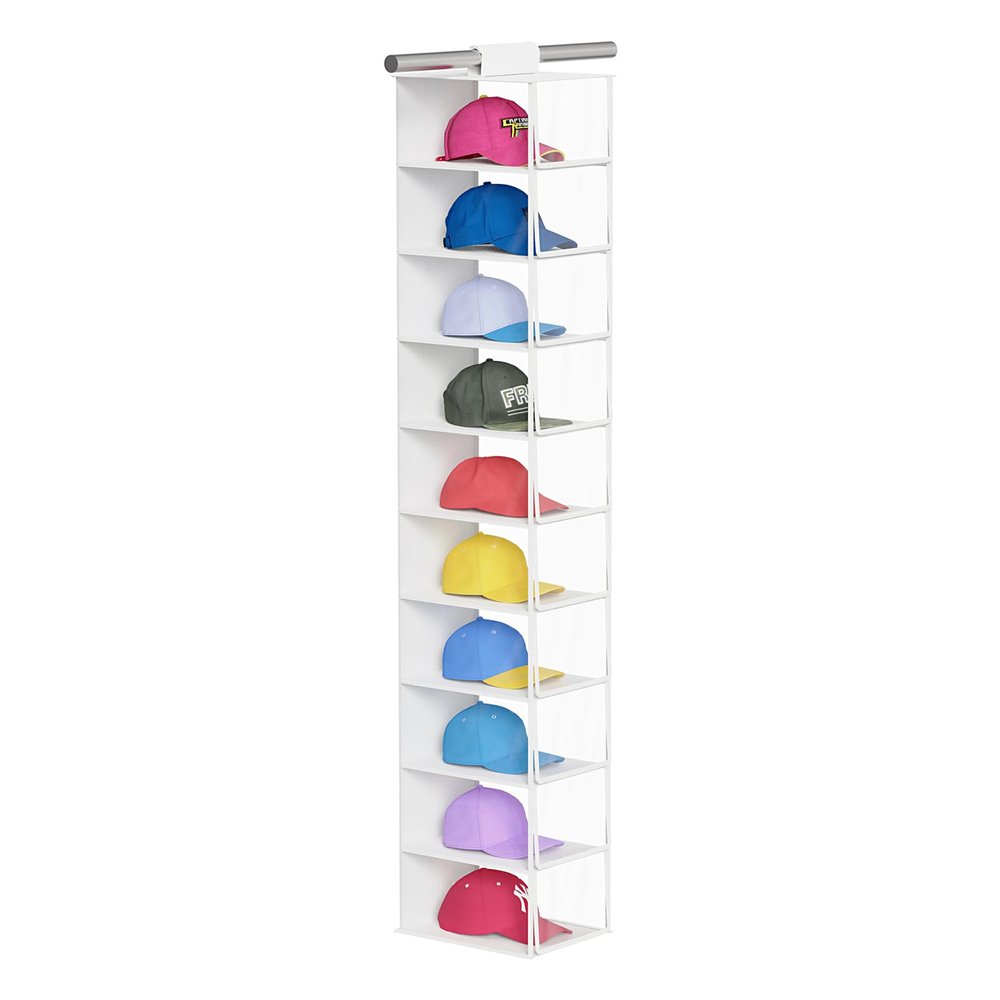 KEEGH Hat Organizer with 10 Compartments and Dust Protection, Full Coverage, Transparent/White