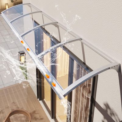 Curved Polycarbonate Door Awning with Rain Gutter, Silver, 120 × 590 cm