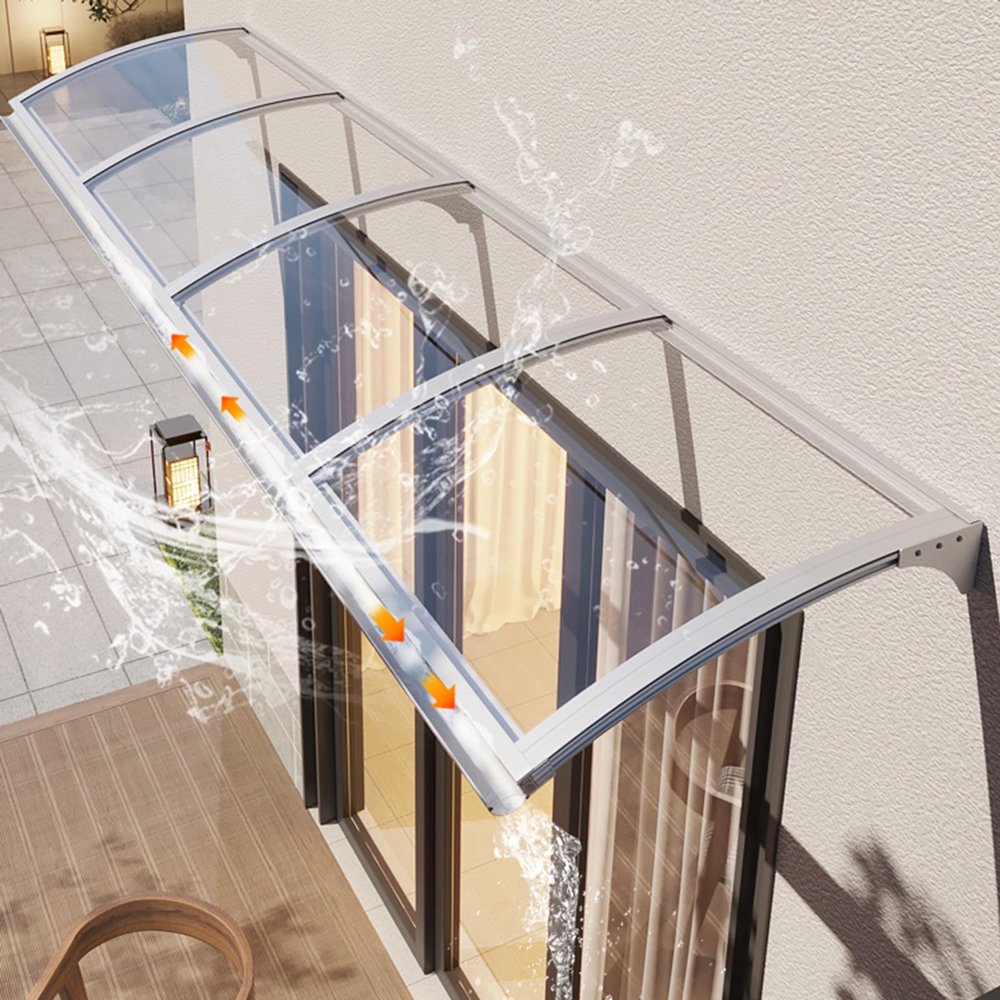 Curved Polycarbonate Door Awning with Rain Gutter, Silver, 120 × 590 cm