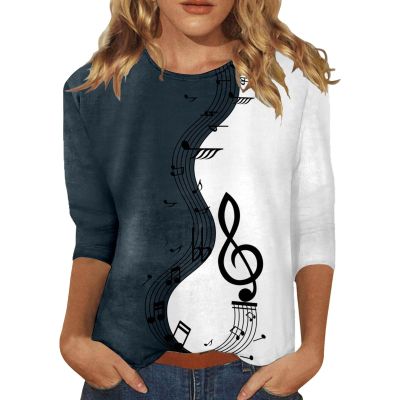 Women's 3/4-Sleeve Casual Crew-Neck T-Shirt with Retro Ethnic Print