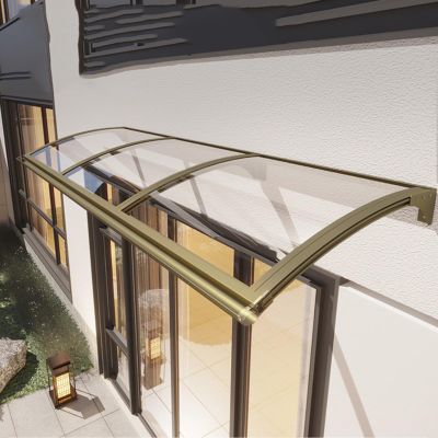 Door Awning with Gutter, Curved Polycarbonate Panel, Aluminum Brackets, Champagne Gold, 150 × 60 cm