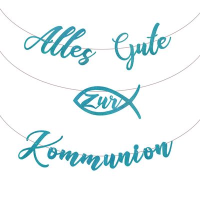 Oblique Unique First Communion “Best Wishes” Fish Garland, Hanging Decoration for Boys and Girls, Turquoise