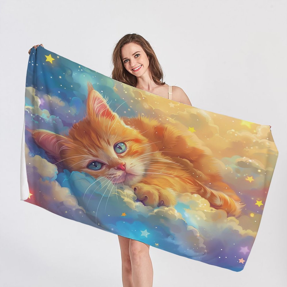 QEODAH XXL Cat Beach Towel 200 x 200 cm, Quick-Drying Microfiber