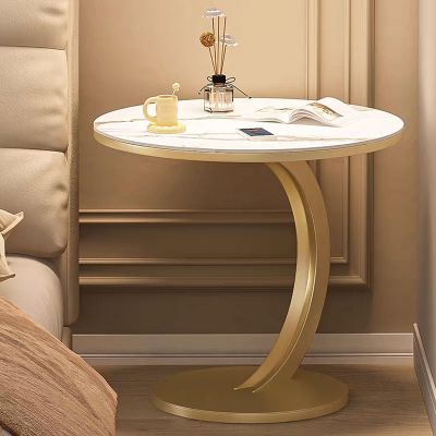Drsyffsup Round C-Shaped Side Table, Faux Marble Top, 50 x 50 x 60 cm