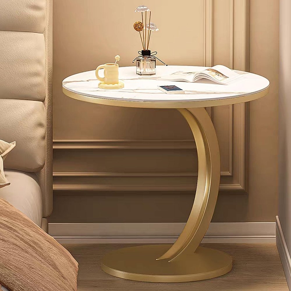 Drsyffsup Round C-Shaped Side Table, Faux Marble Top, 50 x 50 x 60 cm