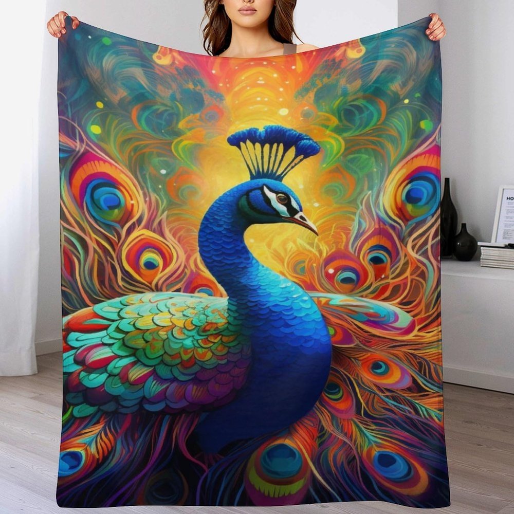 PAZZK Premium Peacock Flannel Throw Blanket with 3D Pattern, 51 x 71 in