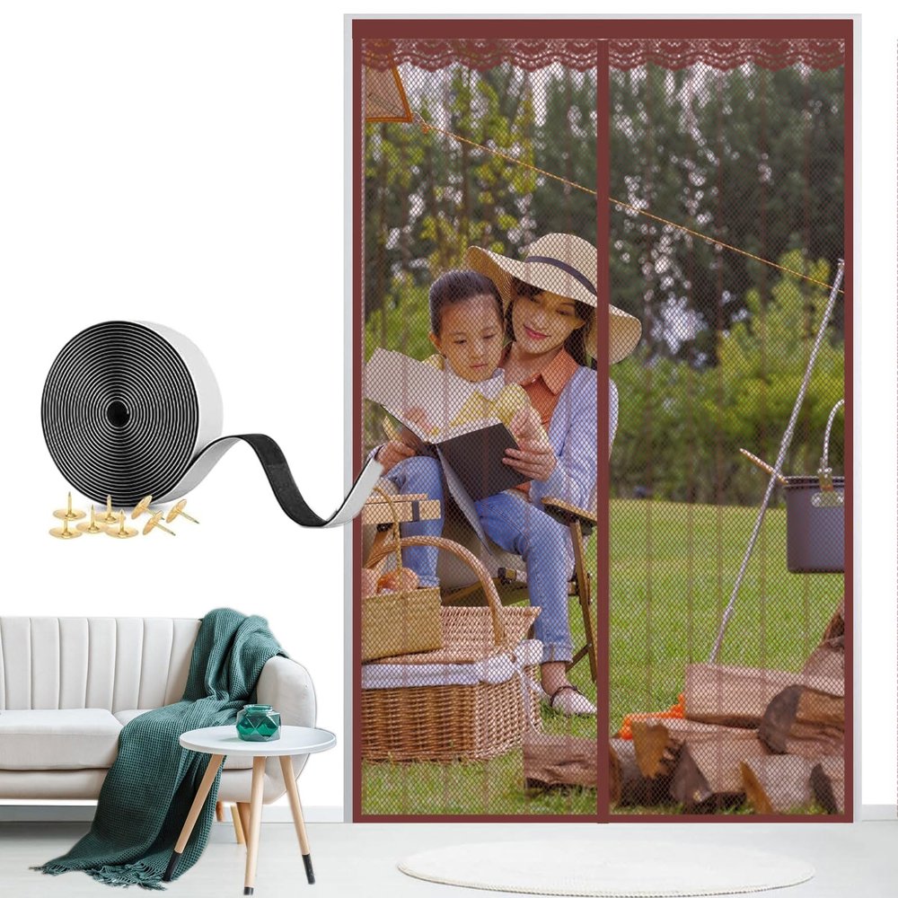 XHBJSH Magnetic Screen Door 165 x 240 cm, Self-Adhesive Mosquito Net Curtain, Brown