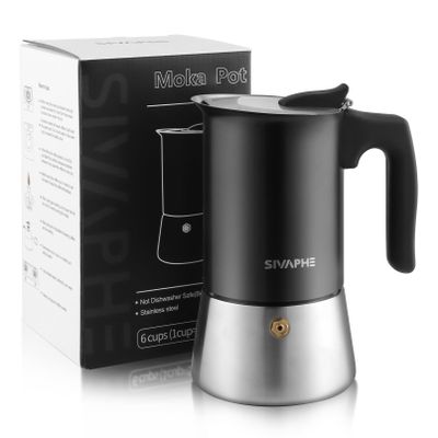 Sivaphe Aluminum-Free Stainless Steel Moka Pot, Induction Compatible, 6-Cup, 300 mL, Black