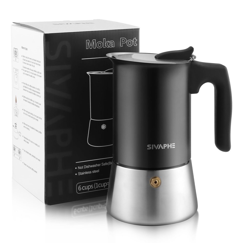 Sivaphe Aluminum-Free Stainless Steel Moka Pot, Induction Compatible, 6-Cup, 300 mL, Black