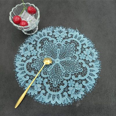 PTNKUIIY Set of 2 Round Embroidered Lace Placemats, 26 cm, Blue