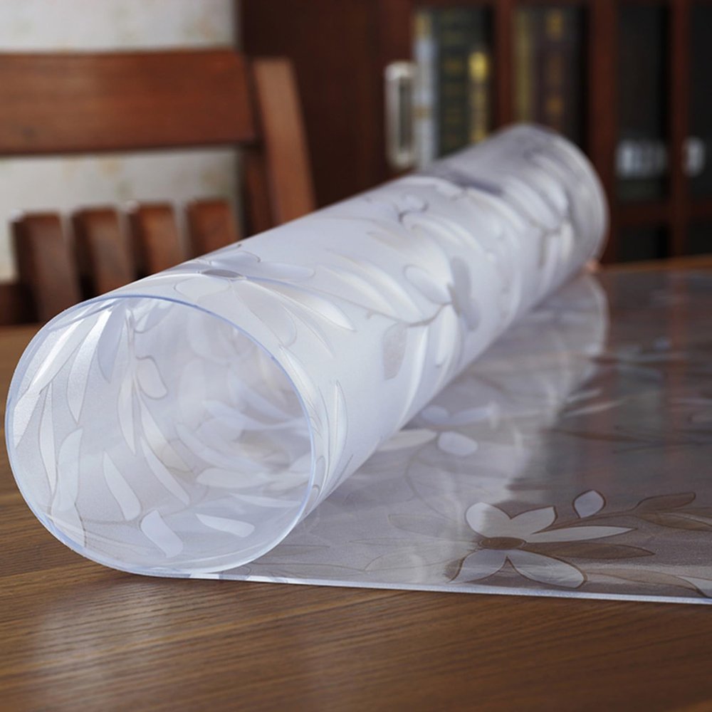 Flower-Printed Transparent PVC Table Protector, 2 mm, 110 x 320 cm