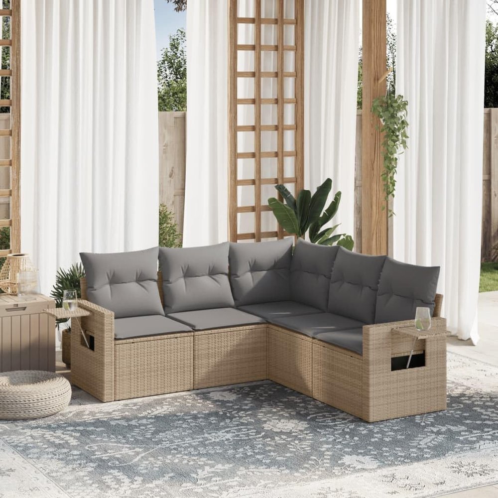 CIADAZ 5-Piece Beige Poly Rattan Garden Sofa Set with Cushions