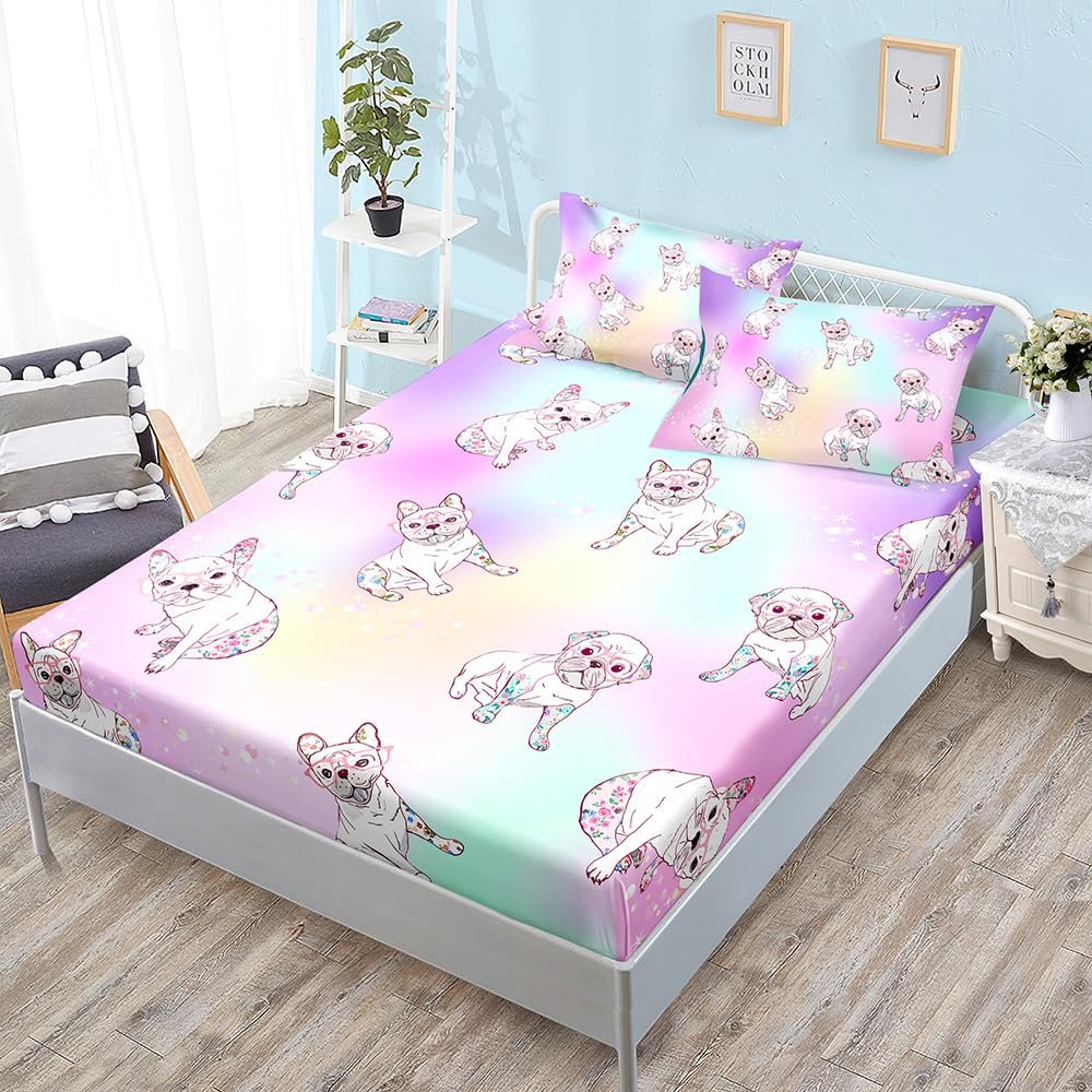 Fitted Sheet 140 x 200 cm, Beige Pink Dog, with 2 Pillowcases 50 x 75 cm