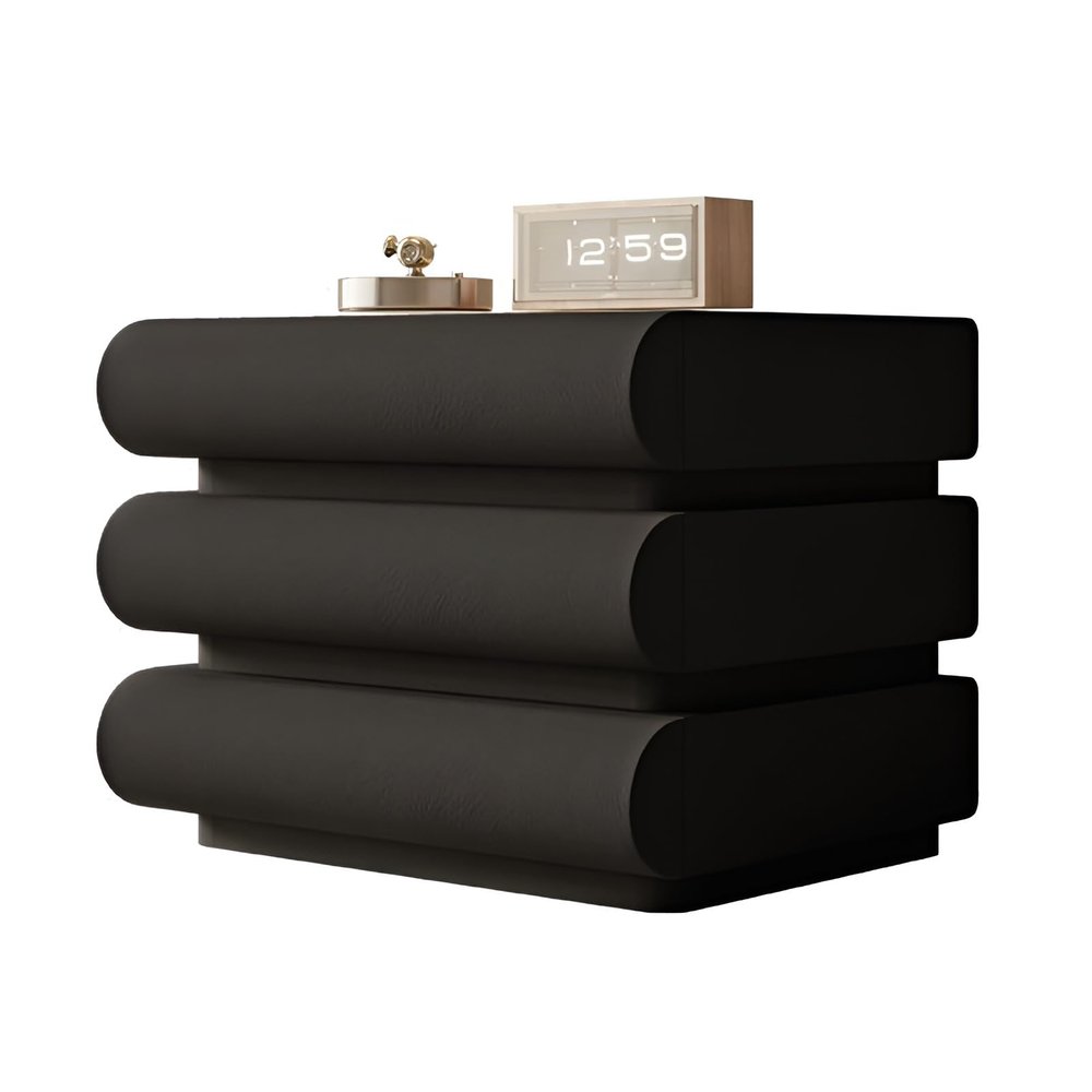 JingNian Modern Leather Nightstand with 3 Drawers, No Assembly Required, 50 cm, Black