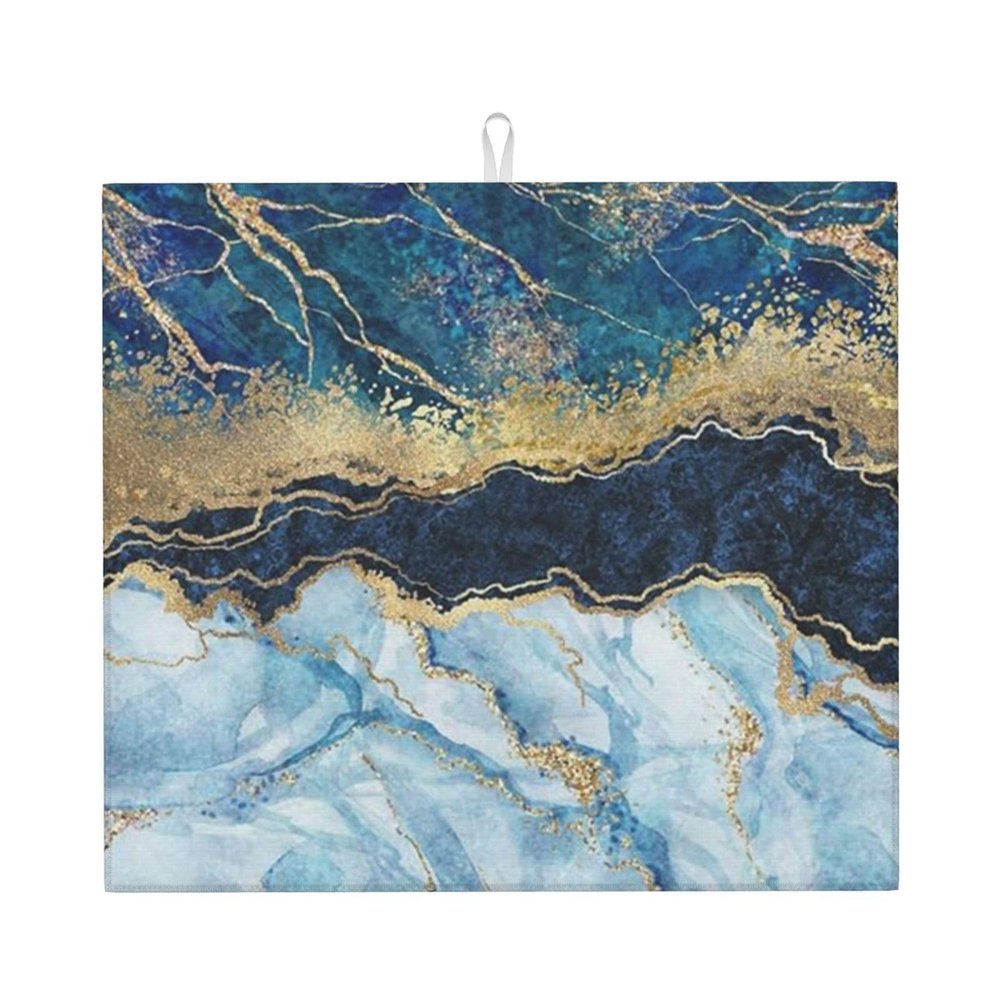 TINAIWAN Blue Marble Gold Glitter Dish Drying Mat, 18 x 16 in