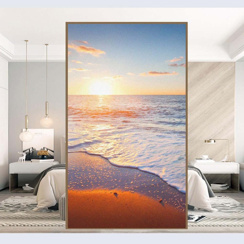 Privacy Window Film with Ocean and Beach Pattern, Heat Control, UV-Blocking, Static-Cling, Matte, Decorative, 60 x 120 cm