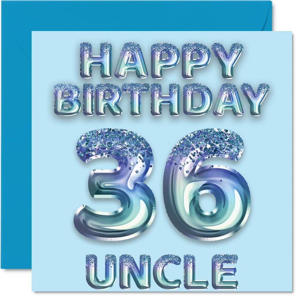 36th Birthday Card for Uncle, Blue Glitter Party Balloons
