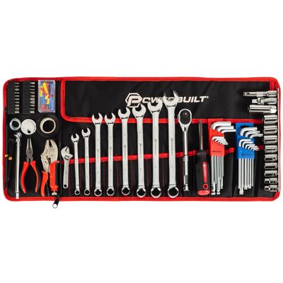 Powerbuilt 100-Piece Motorcycle Tool Set with Roll-Up Pouch, Roadside Travel Wrench, Ratchet and Sockets - 643028ECE