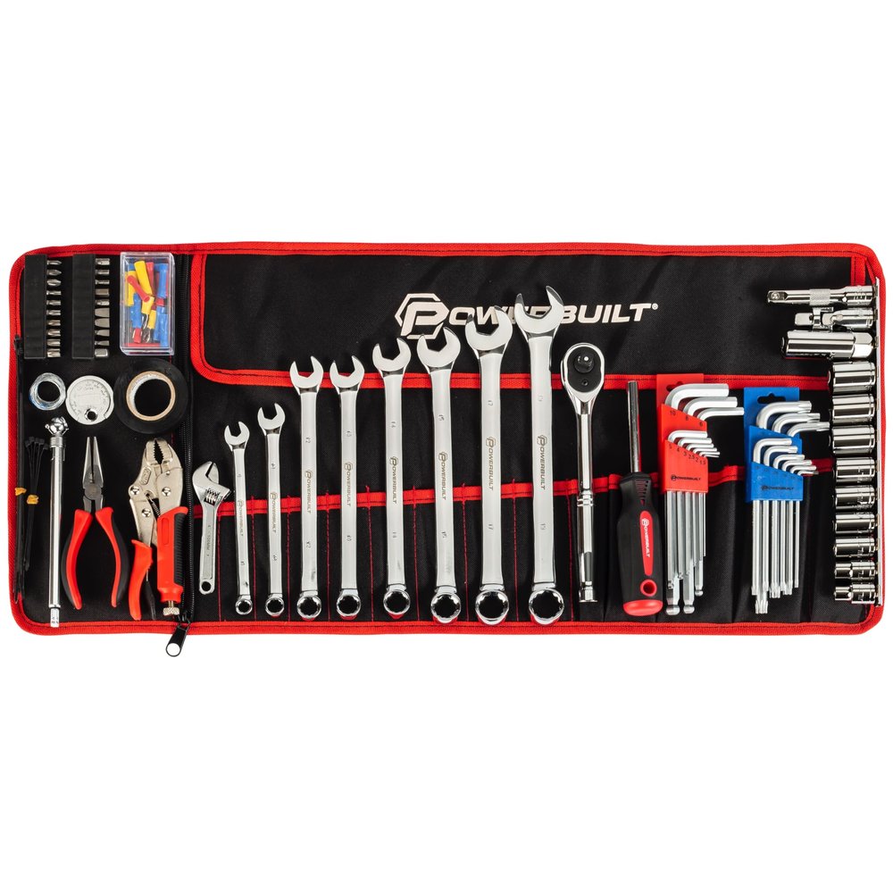 Powerbuilt 100-Piece Motorcycle Tool Set with Roll-Up Pouch, Roadside Travel Wrench, Ratchet and Sockets - 643028ECE